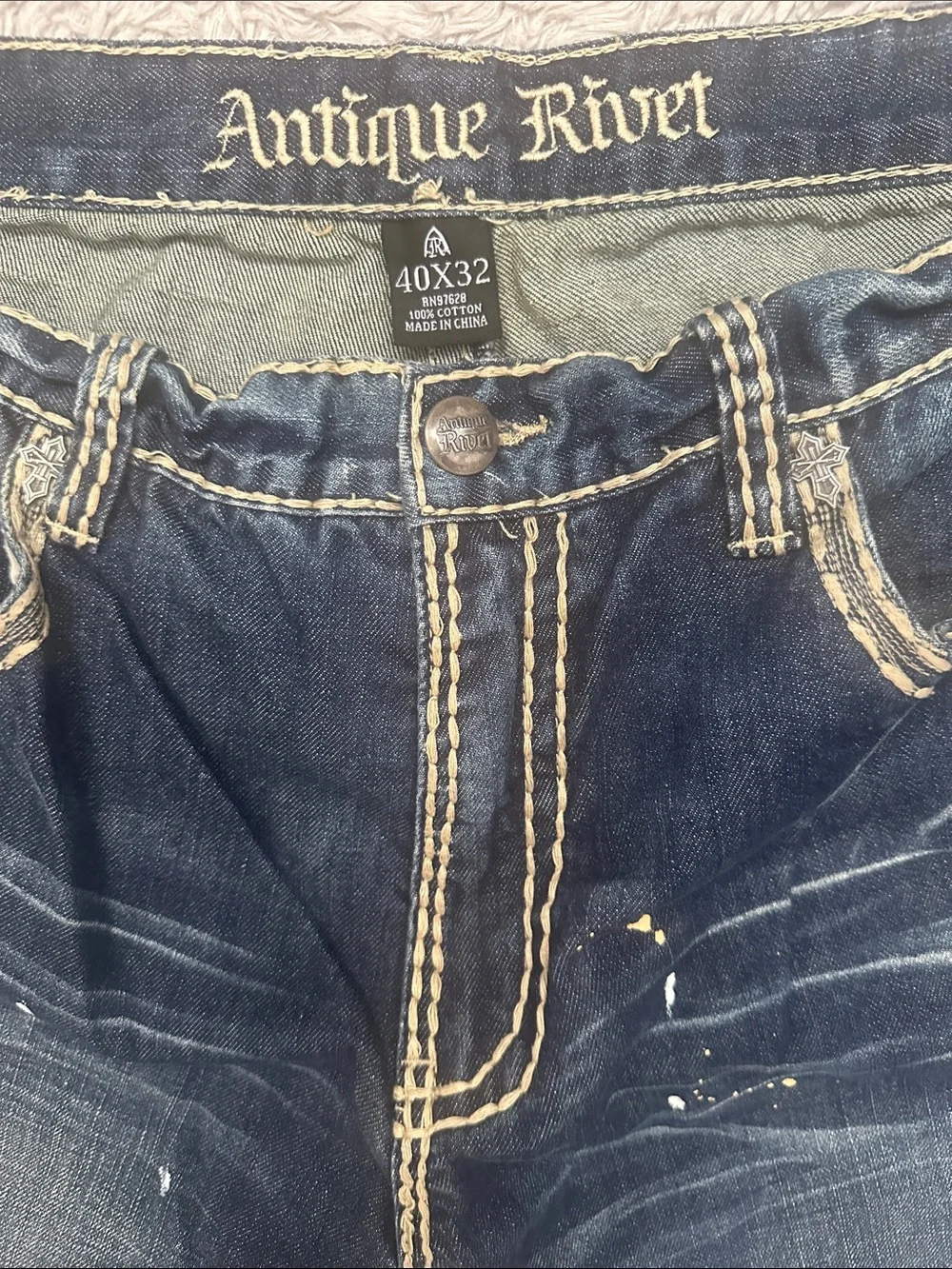 Antique Rivet Men's Dark Blue Distressed Slim Straight Jeans